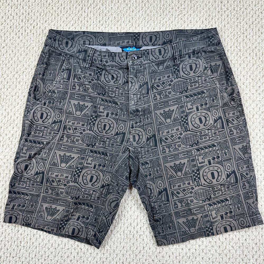 Kavu Shorts Mens 34 Black Brown Screeving Sports Geometric Pattern AOP Stretch